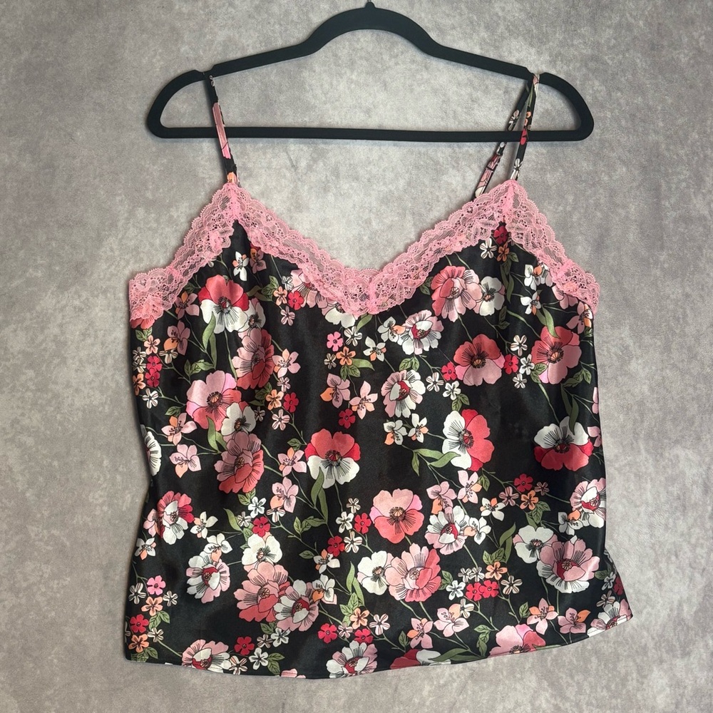 Secret Treasures Black and Pink Floral Satin Camisole With Pink Lace Trim Size L